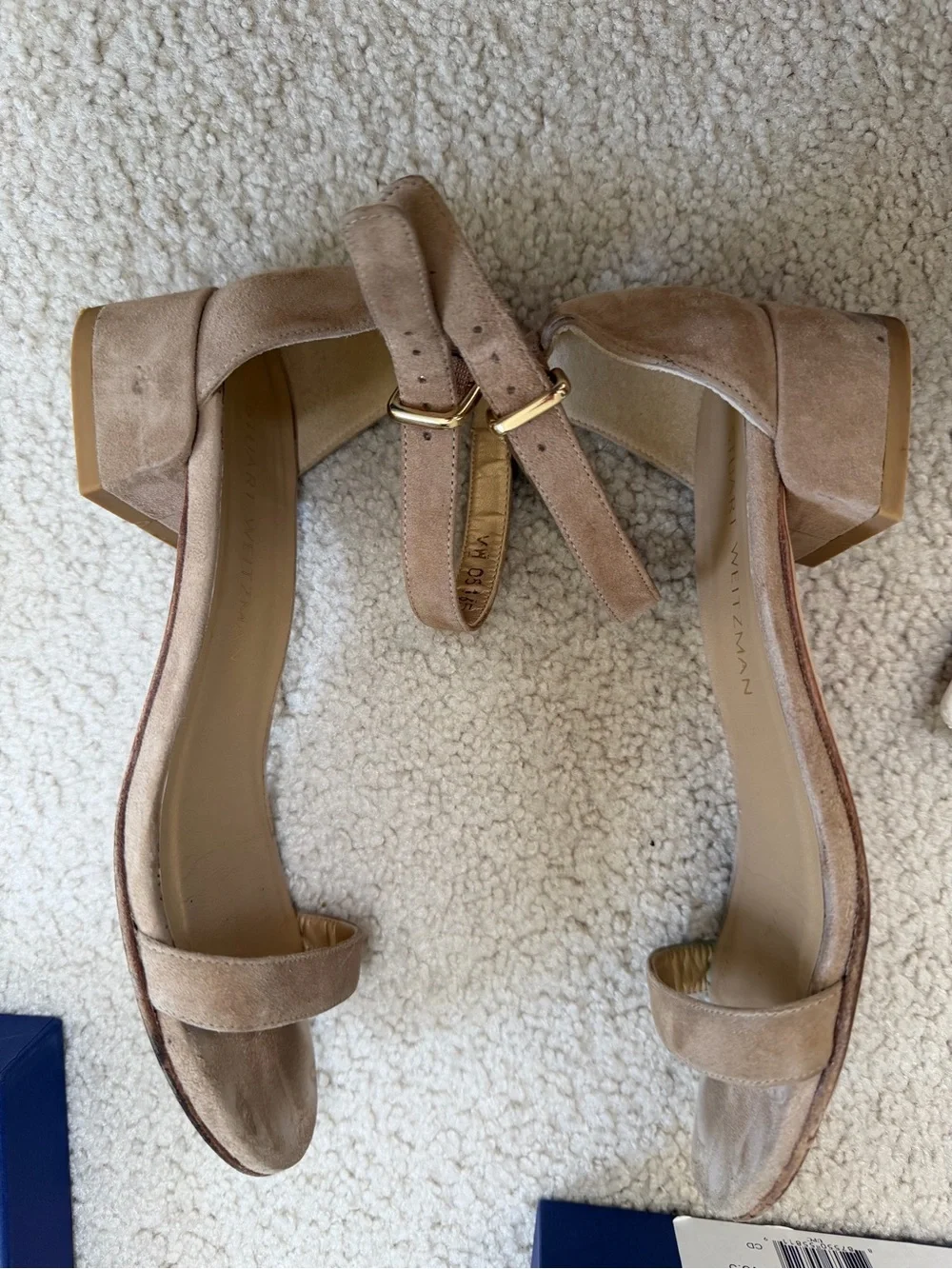 Stuart Weitzman Tan Suede Ankle Strap Block Heel Sandals